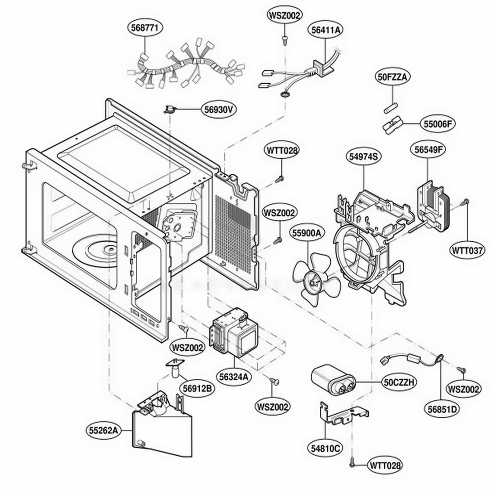 Interior Parts Diagram and Parts List for MT1110SKQ KWHEWRP LG Wall Oven