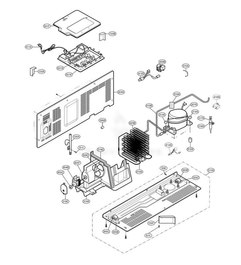 Machine Compartment Diagram and Parts List for 58812 ASWCSER LG Refrigerator