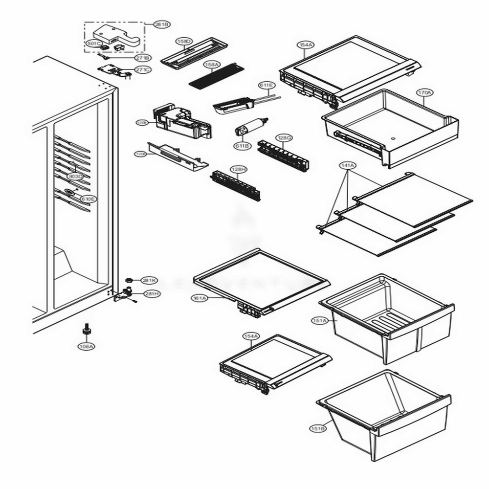 Refrigerator Compartment Diagram and Parts List for LSXS22423S ASTCNA0 LG Refrigerator