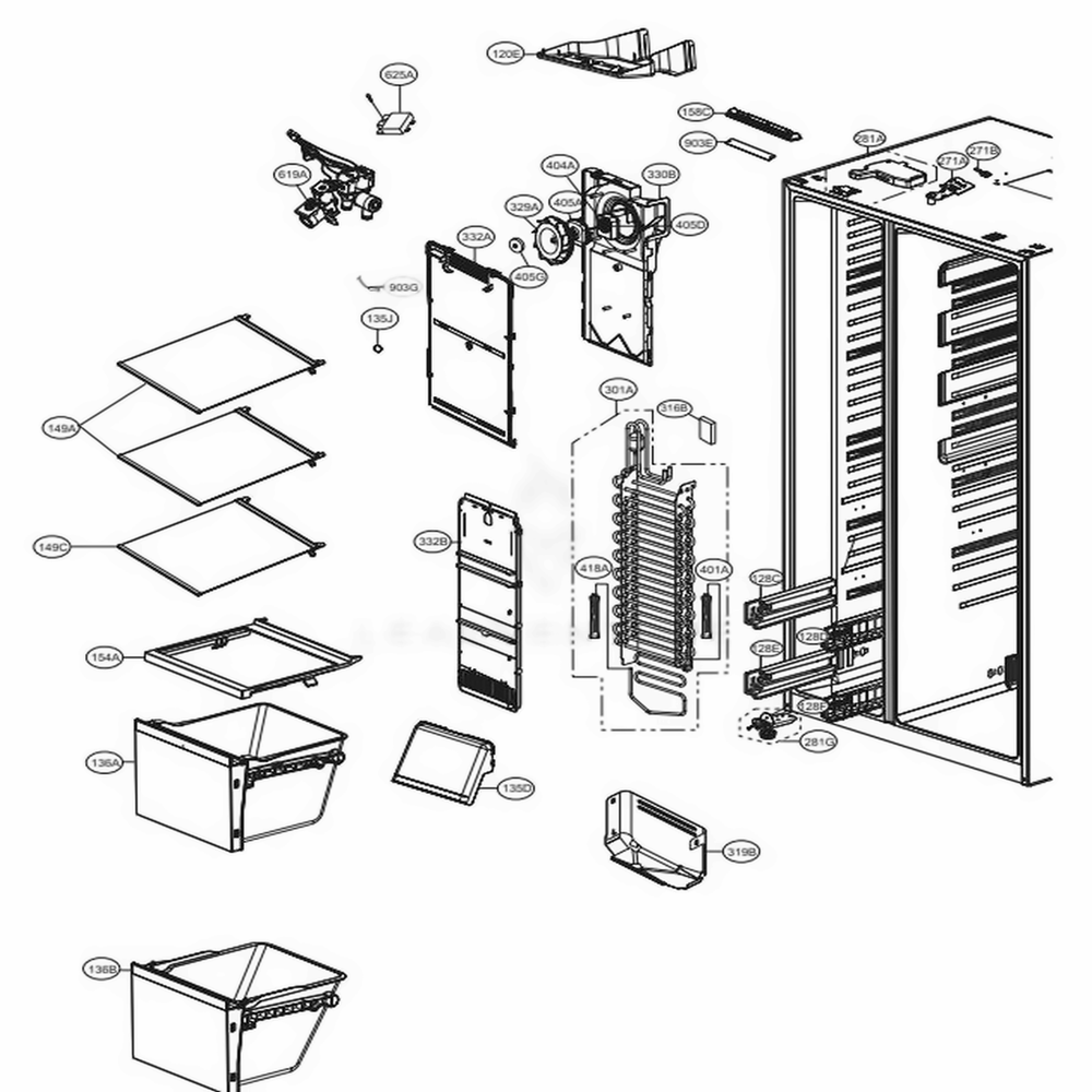 Freezer Compartment Diagram and Parts List for 51832 ASWCSE1 LG Refrigerator