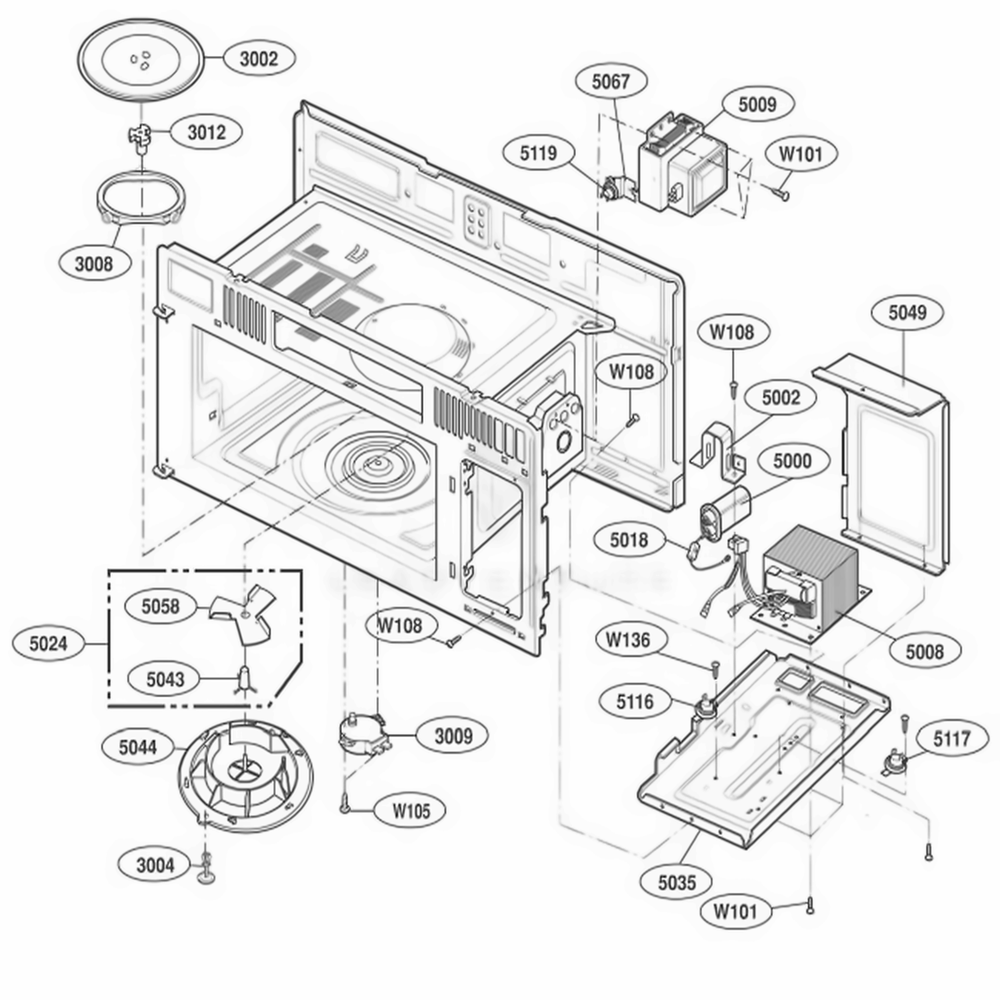 Interior Parts 1 Diagram and Parts List for JVM1640AJ AA1EGEU LG Range