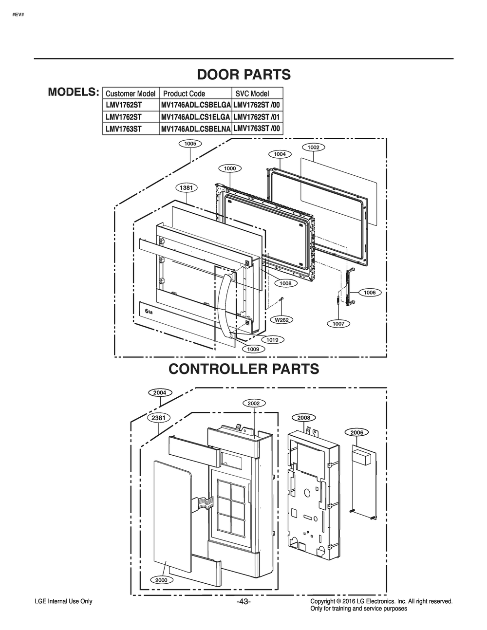 Door Parts Diagram and Parts List for MV1746AD CWHELGA LG Microwave