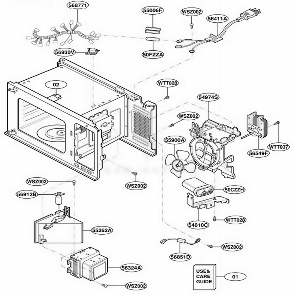 Interior Parts Diagram and Parts List for MT1100SHB0 ABKEWRP LG Range