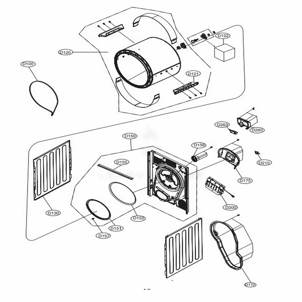 Back Cover And Drum Assembly Diagram and Parts List for DLEC885W ABWEEUS LG Dryer
