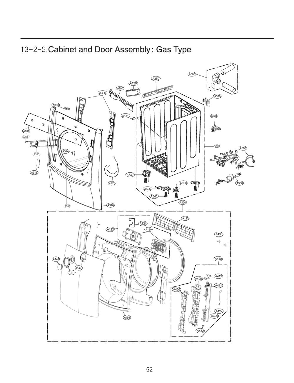 Cabinet And Door Assembly Diagram and Parts List for RN1376AS ABWEEUS LG Dryer