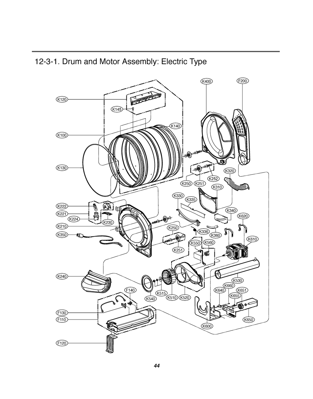 Drum And Motor Assembly Diagram and Parts List for RV1089A1 ABWESEU LG Dryer
