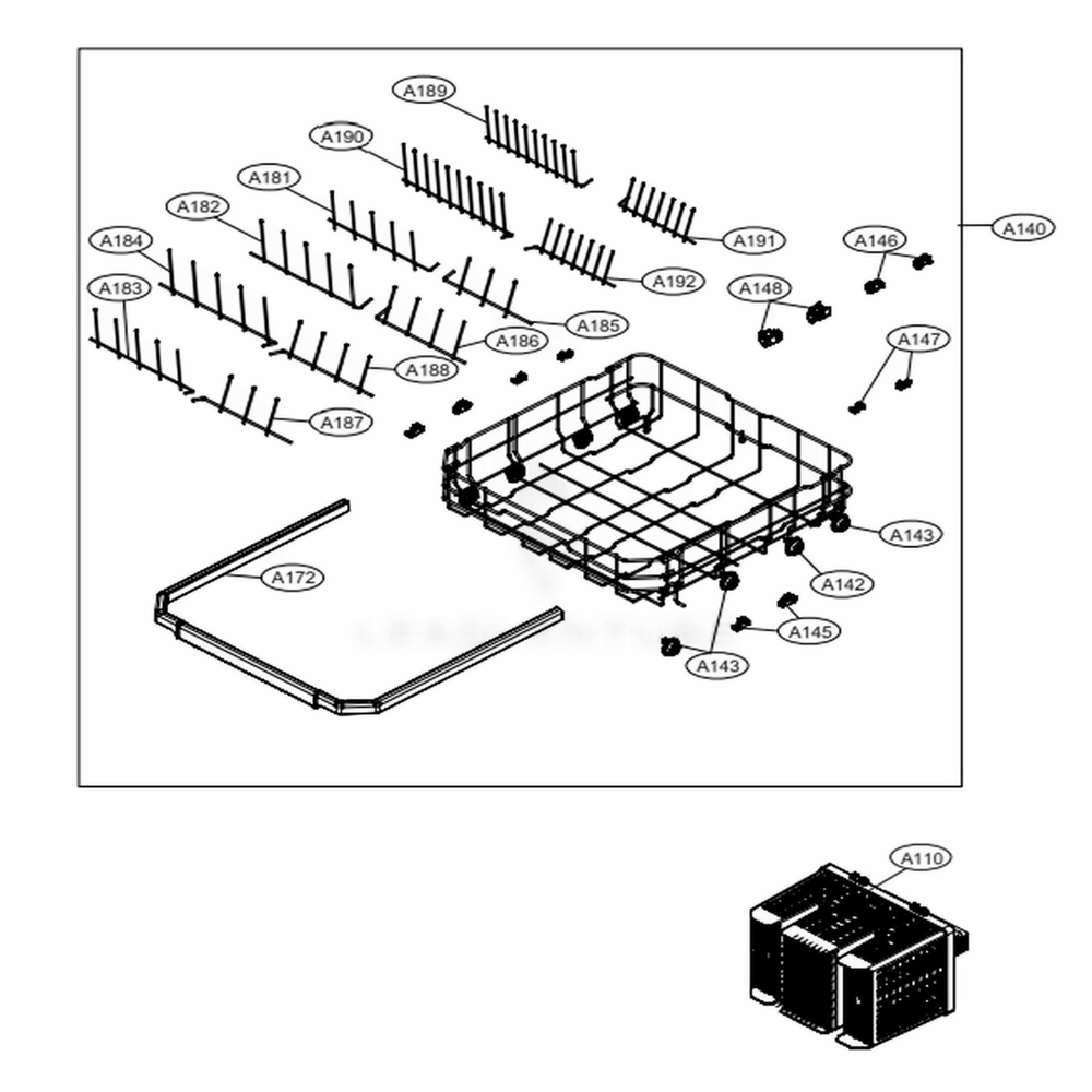Lower Rack Assembly Diagram and Parts List for SKSDW2402P AASESNA LG Dishwasher