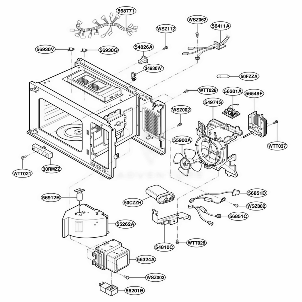 Interior Parts Diagram and Parts List for 3WG2532 HM1QBAL LG Range