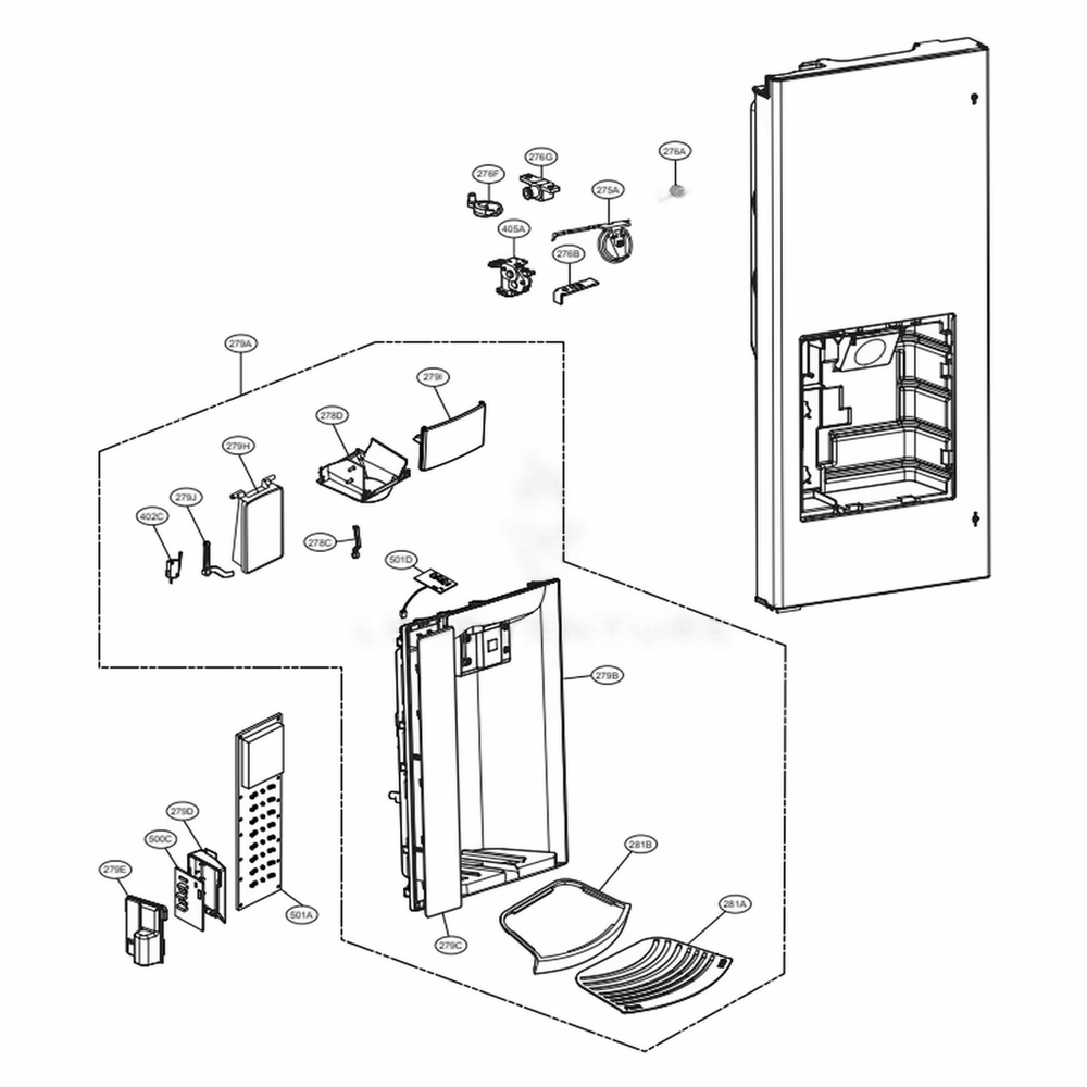 Dispenser Parts Diagram and Parts List for LFX28979SW ASWCNA1 LG Refrigerator
