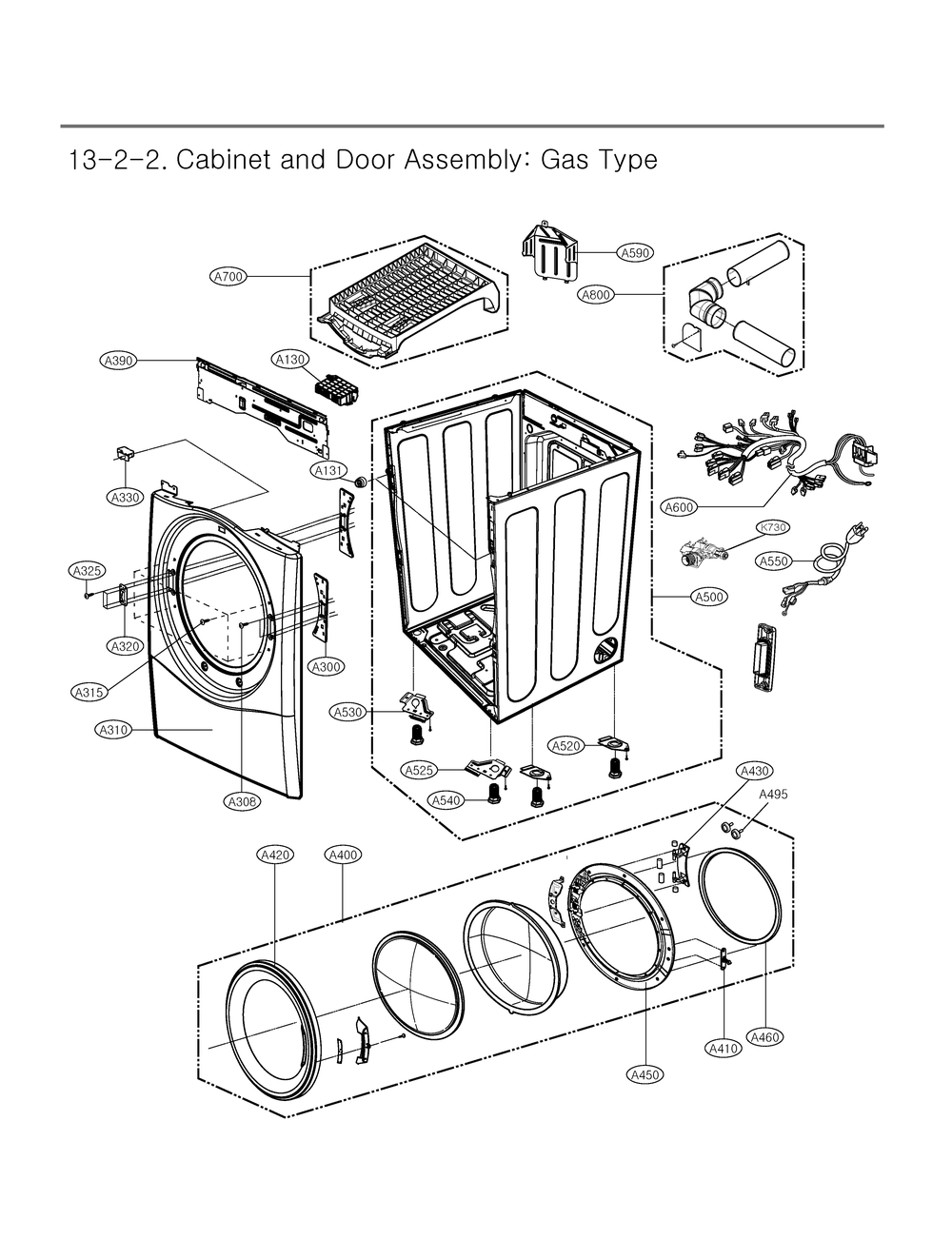 Cabinet And Door Assembly Diagram and Parts List for DLGX4081B ABLEEUS LG Dryer