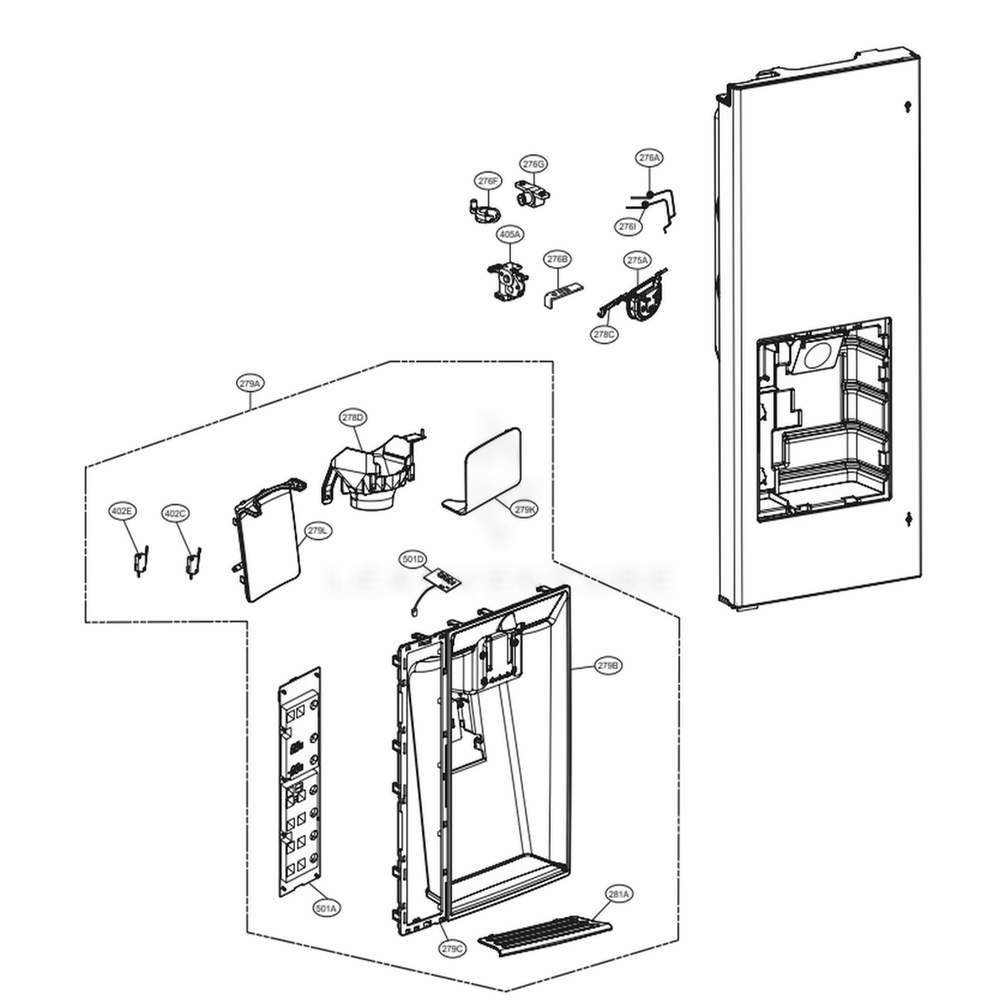 Dispenser Parts Diagram and Parts List for LMXS30776D ASBCNA0 LG Refrigerator