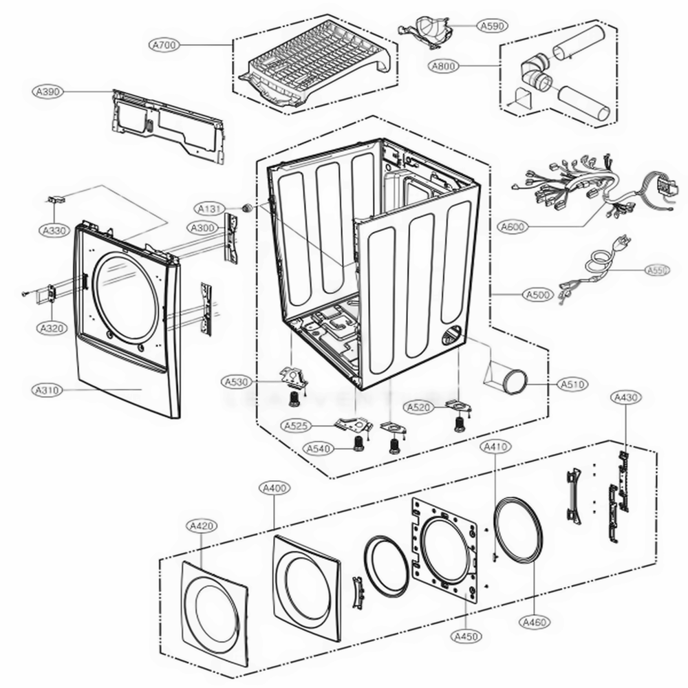 Cabinet And Door Assembly Diagram and Parts List for 91028 APBESEU LG Dryer