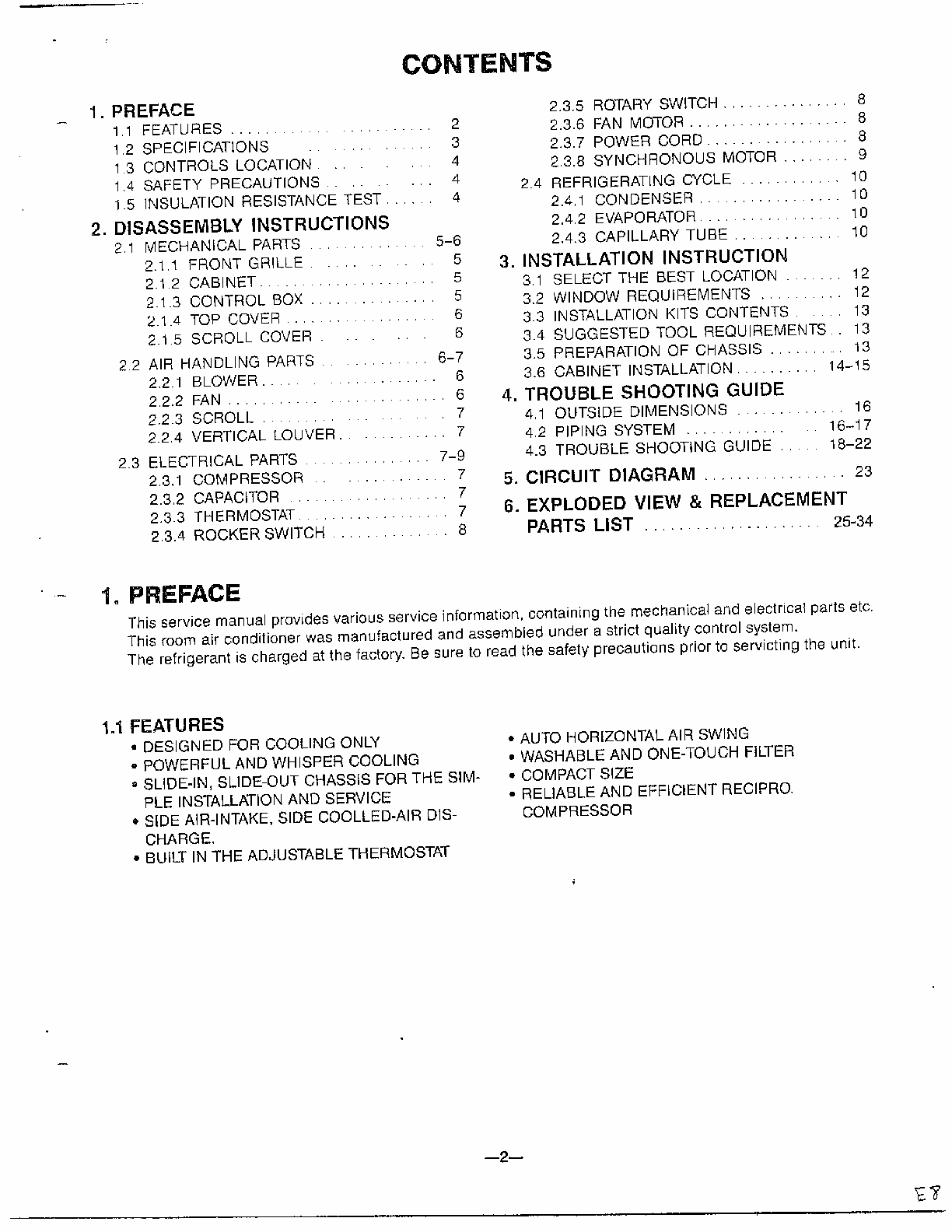 Contents/preface Diagram and Parts List for GA-1834FC  LG Air Conditioner