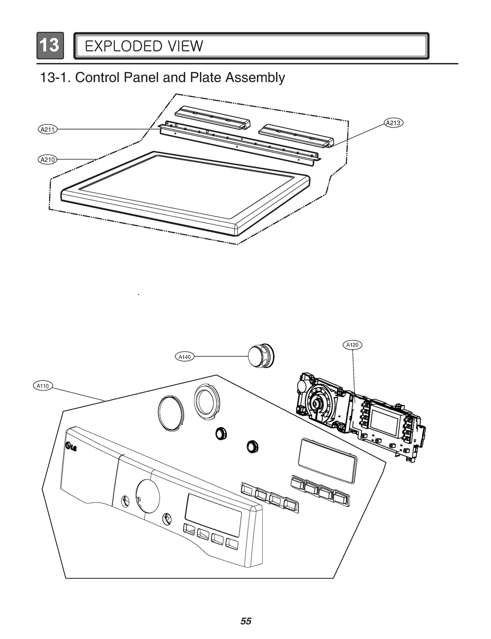 Control Panel And Plate Assembly Diagram and Parts List for RN13B2AS ABWEEUS LG Dryer