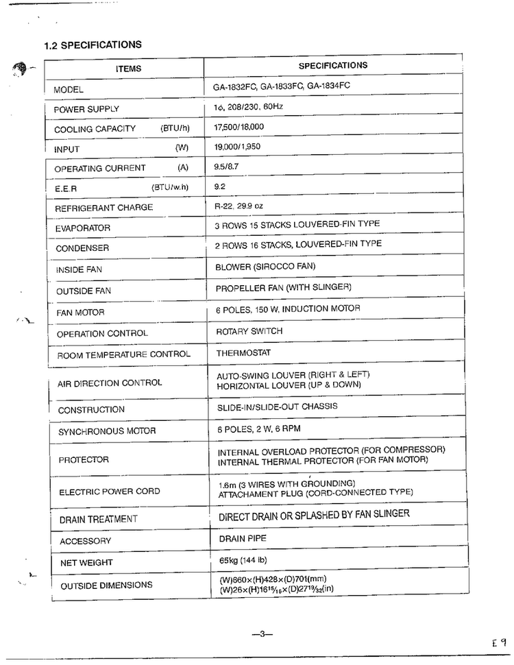 Specifications Diagram and Parts List for 58280  LG Air Conditioner