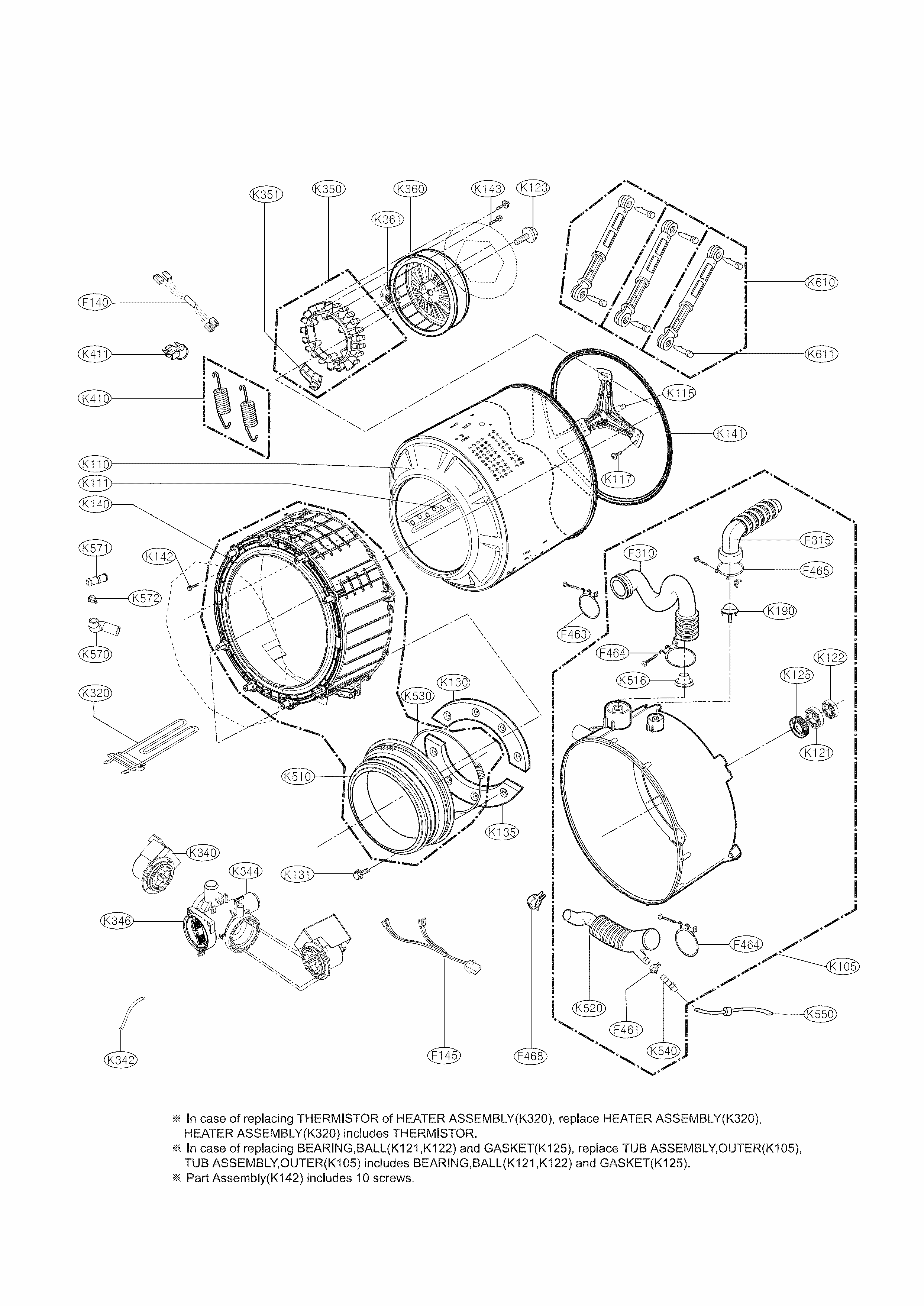 Drum And Tub Assembly Parts Diagram and Parts List for 79641282310  Kenmore Washer