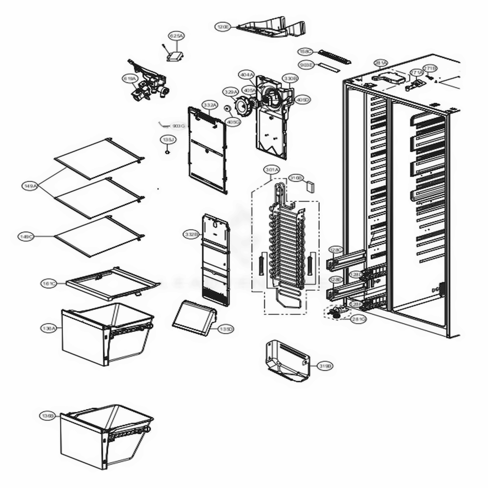 Freezer Compartment Diagram and Parts List for LSXS26386S ASTCNA4 LG Refrigerator
