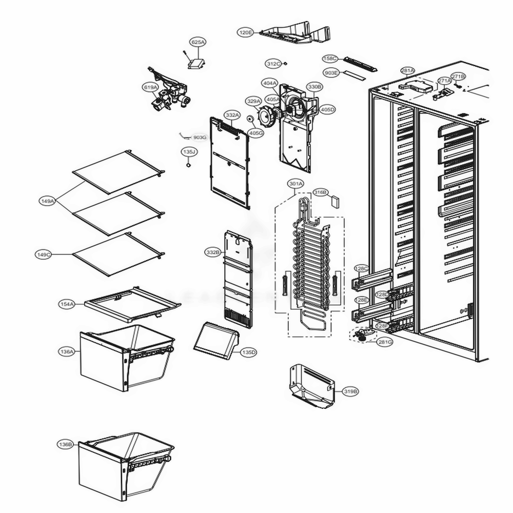 Freezer Compartment Diagram and Parts List for 51839 AWBCSE0 LG Refrigerator