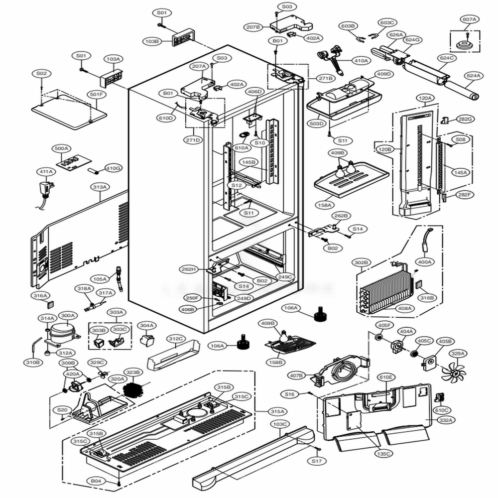 Case Parts Diagram and Parts List for 71016 ATICSE0 LG Refrigerator