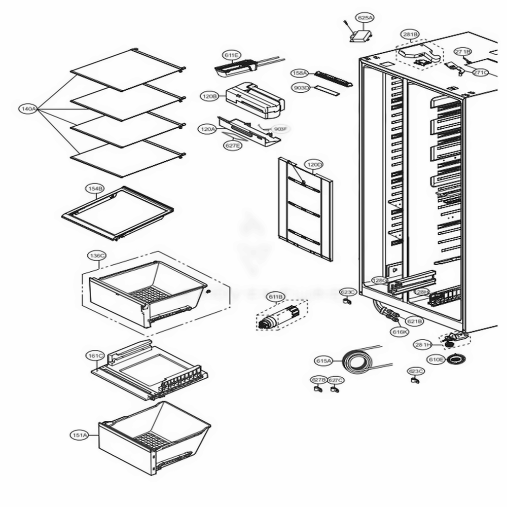 Refrigerator Compartment Diagram and Parts List for 51733 ASTCSE0 LG Refrigerator