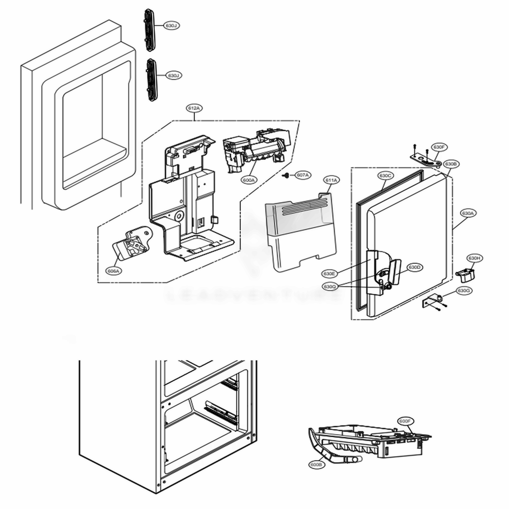 Ice Maker And Ice Bin Parts Diagram and Parts List for LFX28979SW ASWCNA1 LG Refrigerator