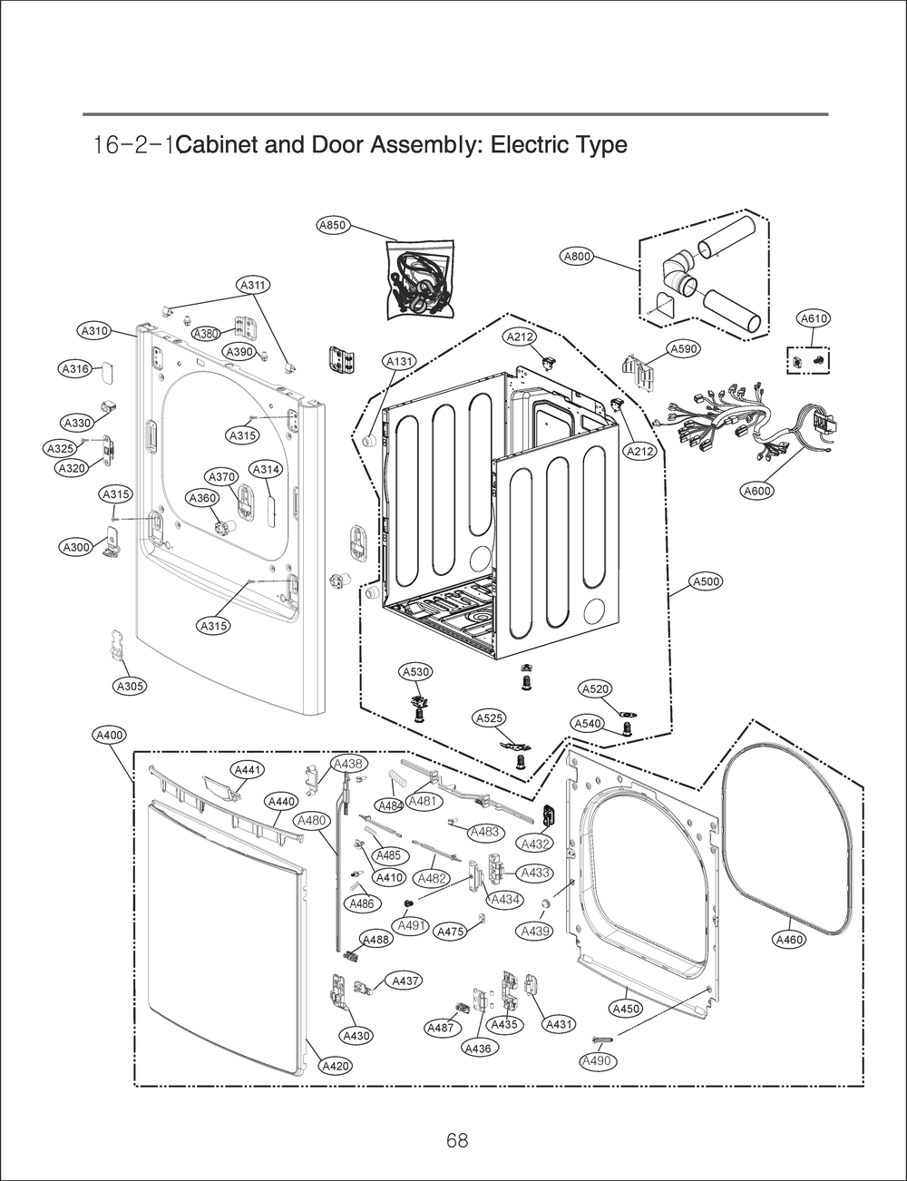 Cabinet And Door Assembly Diagram and Parts List for RV18A8AS8 ABWEEUS LG Dryer