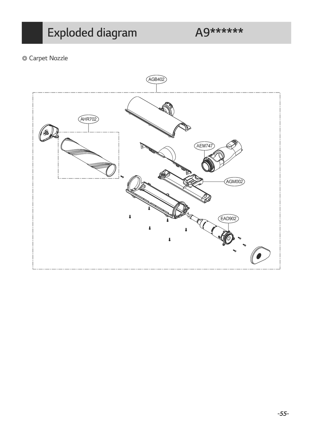 Carpet Nozzle Diagram and Parts List for A905RM DBRELGA LG Upright Vacuum