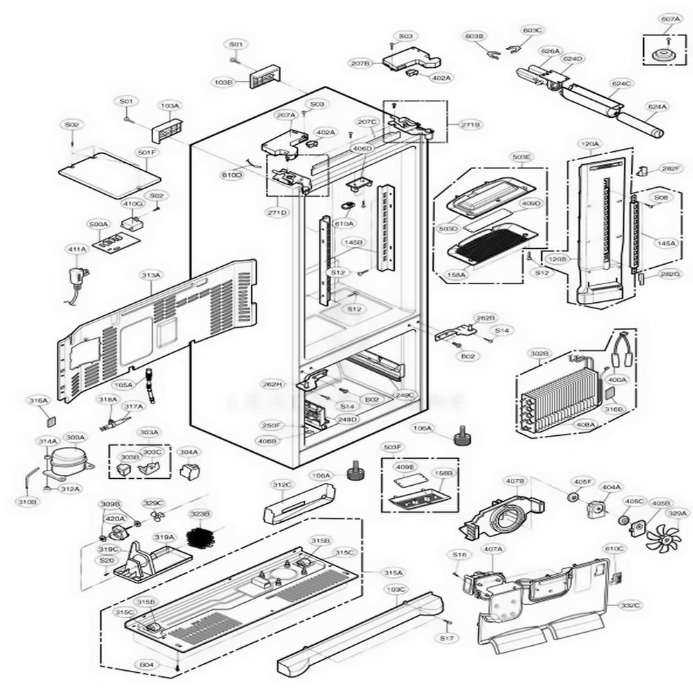 Case Parts Diagram and Parts List for 78733 AST5SER LG Refrigerator