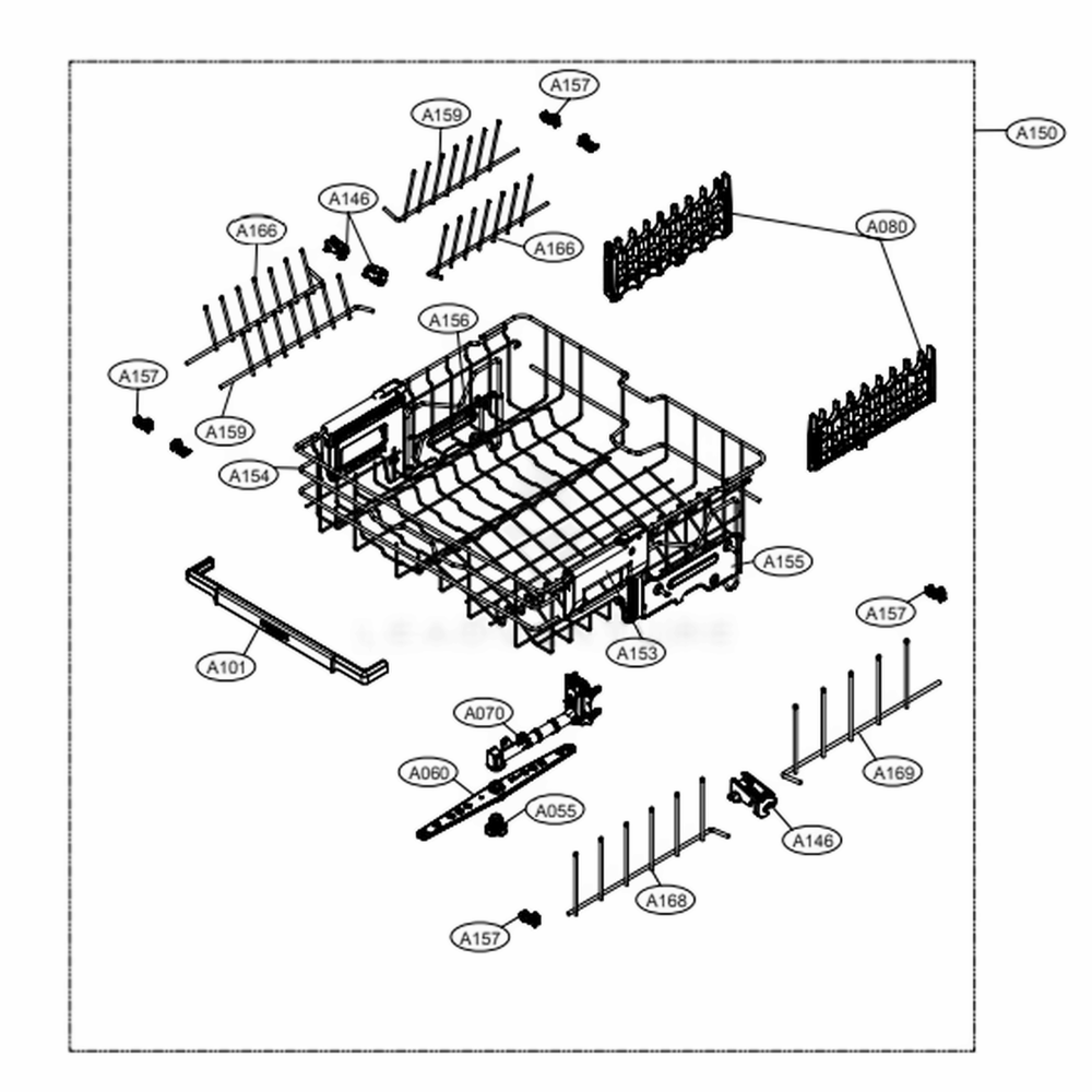 Upper Rack Assembly Diagram and Parts List for SKSDW2402P AASESNA LG Dishwasher