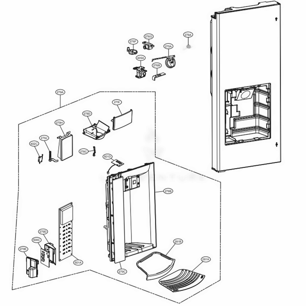 Dispenser Parts Diagram and Parts List for LFX28968SW ASWCNA1 LG Refrigerator