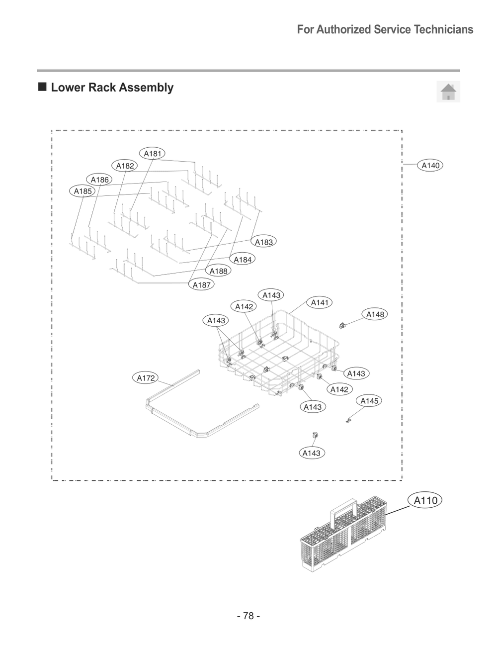 Lower Rack Assembly Diagram and Parts List for SKSDW2411S ASTESNA LG Dishwasher
