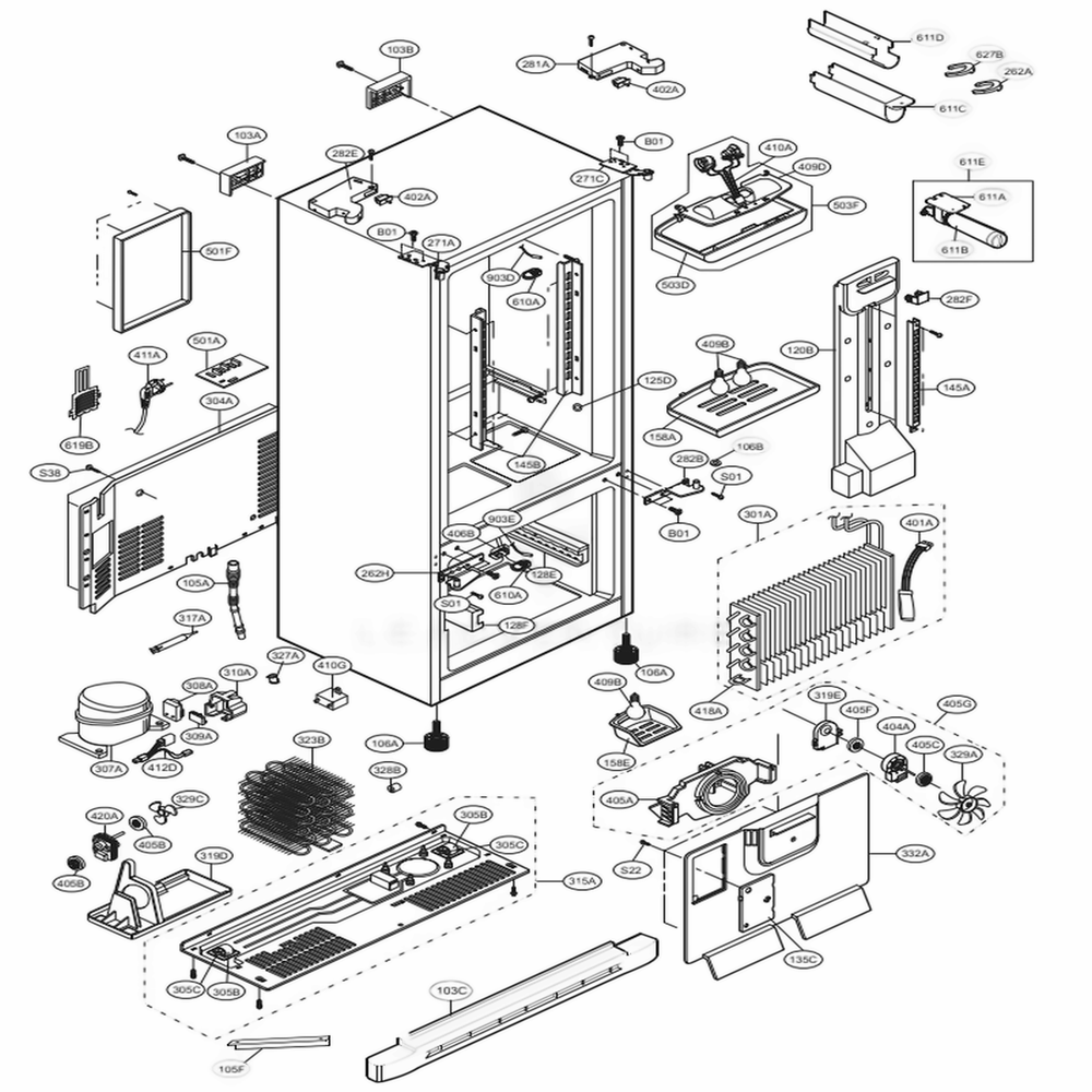 Case Parts Diagram and Parts List for 78342 ASW3SER LG Refrigerator
