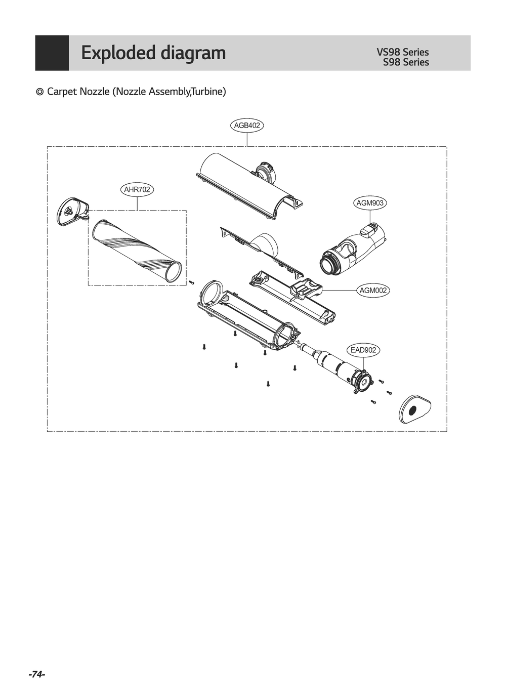 Carpet Nozzle (Nozzle Assembly Turbine) Diagram and Parts List for A925KSM BFSELGA LG Upright Vacuum