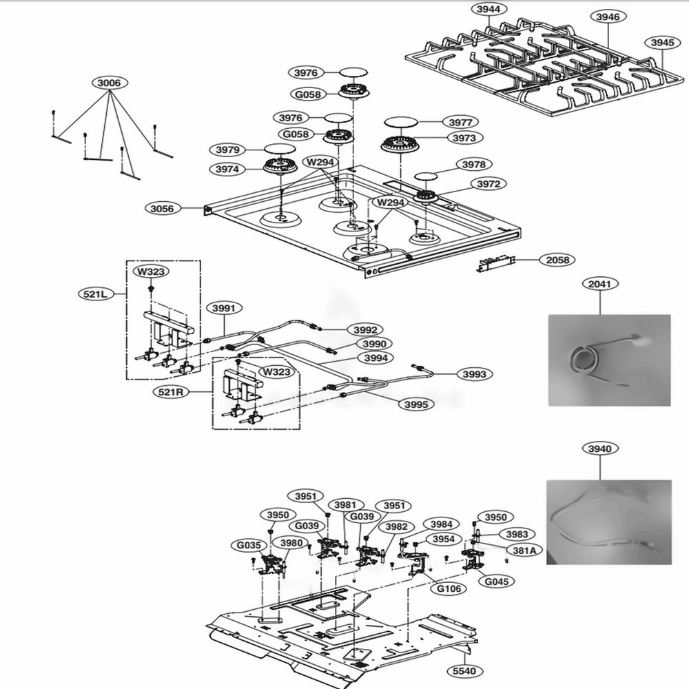 Cooktop Parts Diagram and Parts List for LSG4511BD ABDELGA LG Range