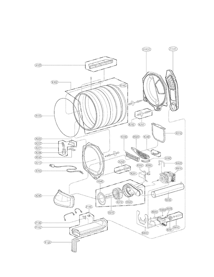 Drum And Motor Assembly Parts Diagram and Parts List for DLE4870W  LG Dryer