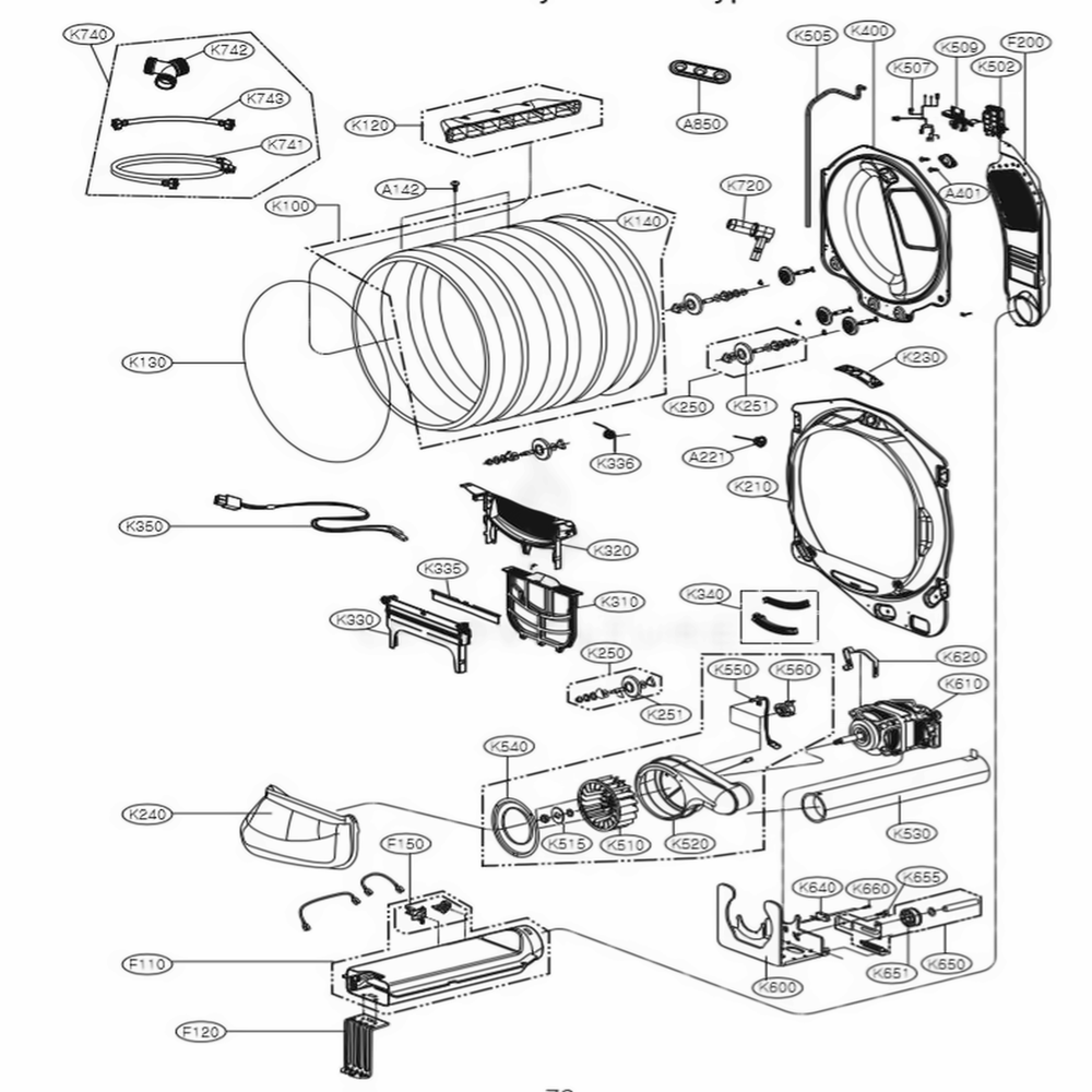Drum And Motor Assembly Diagram and Parts List for DLEX7600ME AMBEEUS LG Dryer
