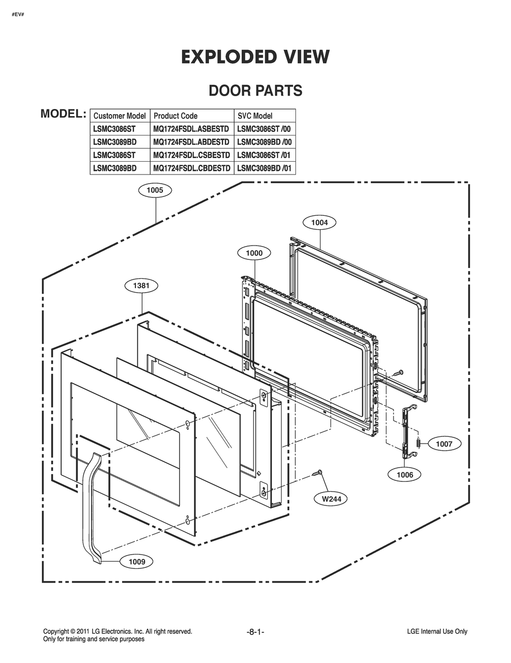 Door Parts Diagram and Parts List for MQ1724FSDL CFSESTD LG Microwave