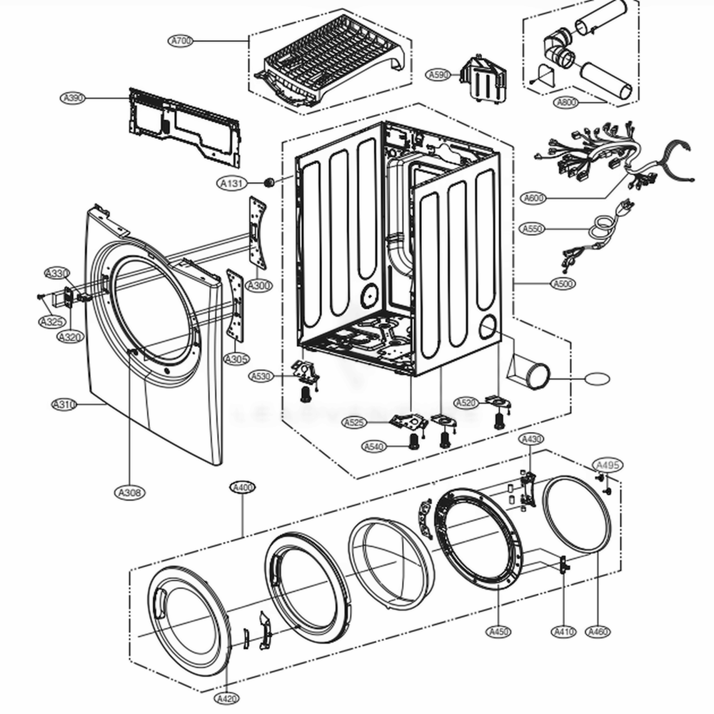 Cabinet And Door Assembly: Gas Type Diagram and Parts List for 91382 ABWESEU LG Dryer