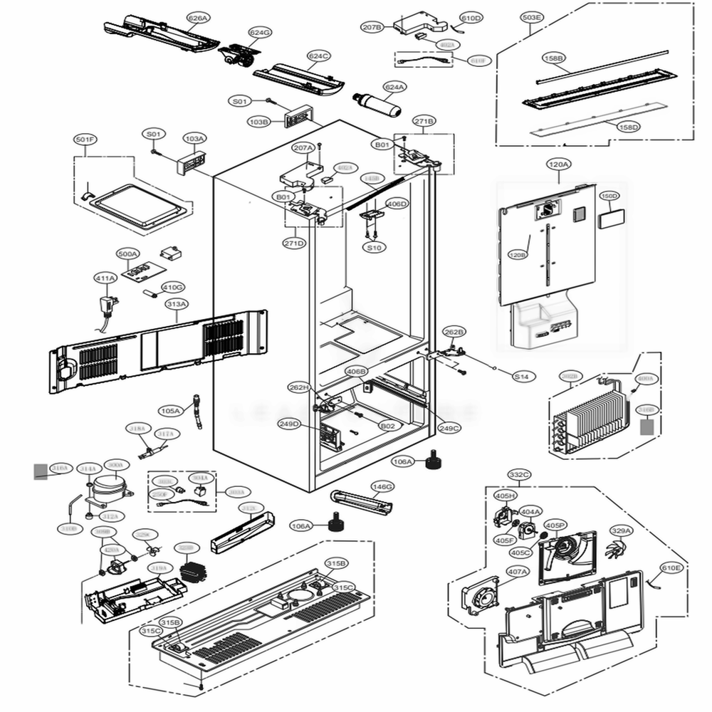 Case Parts Diagram and Parts List for 73107 ASBCSE0 LG Refrigerator