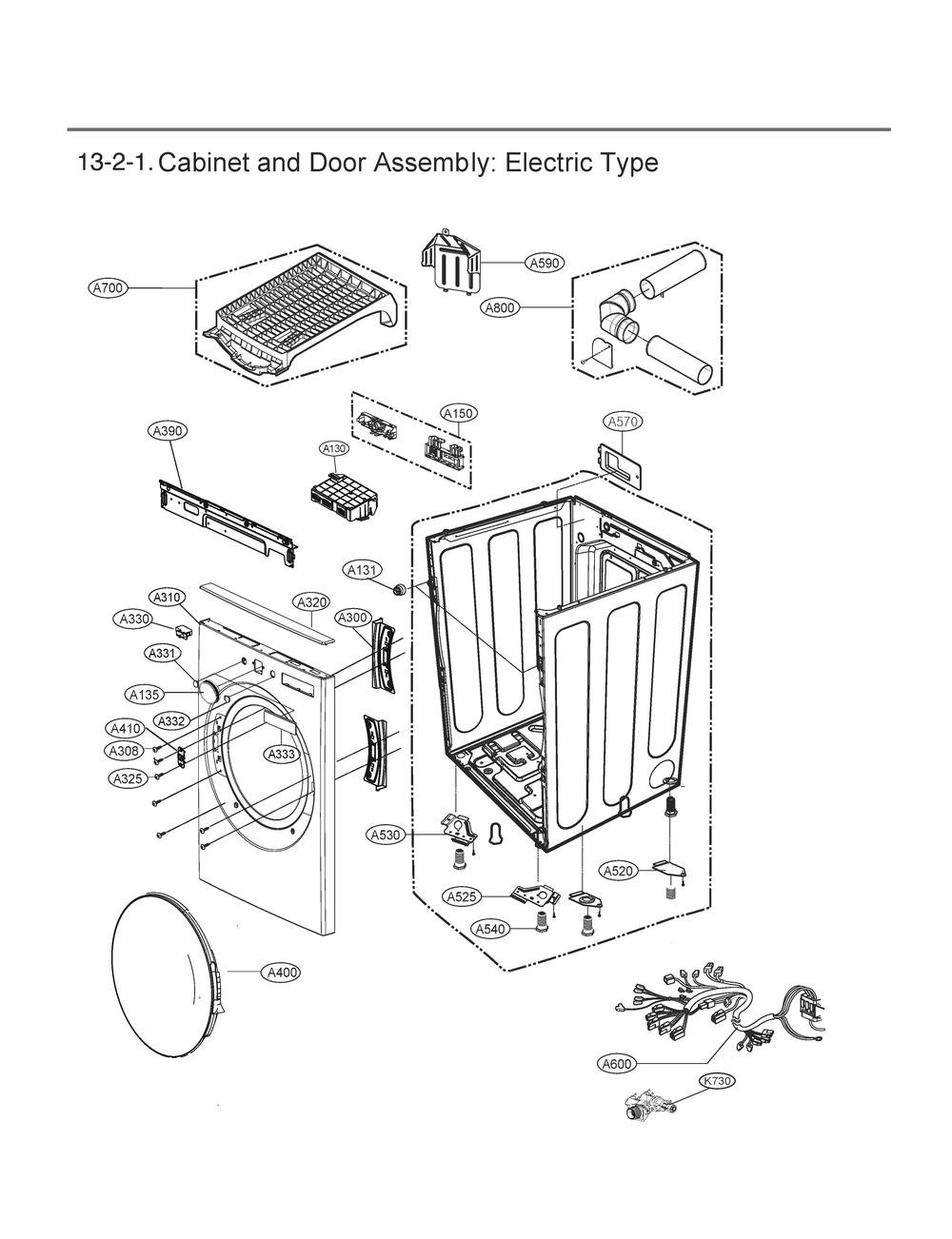 Cabinet And Door Assembly Diagram and Parts List for RV13Q8ASJW ABWEEUS LG Dryer