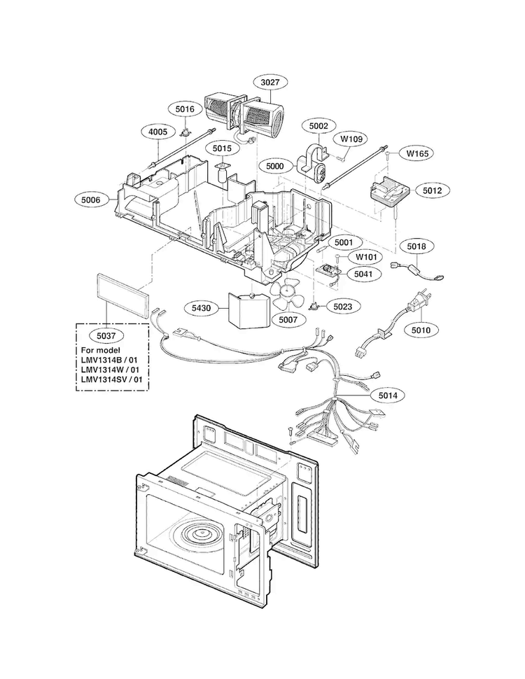 Interior Parts Diagram and Parts List for LMV1314W01  LG Microwave