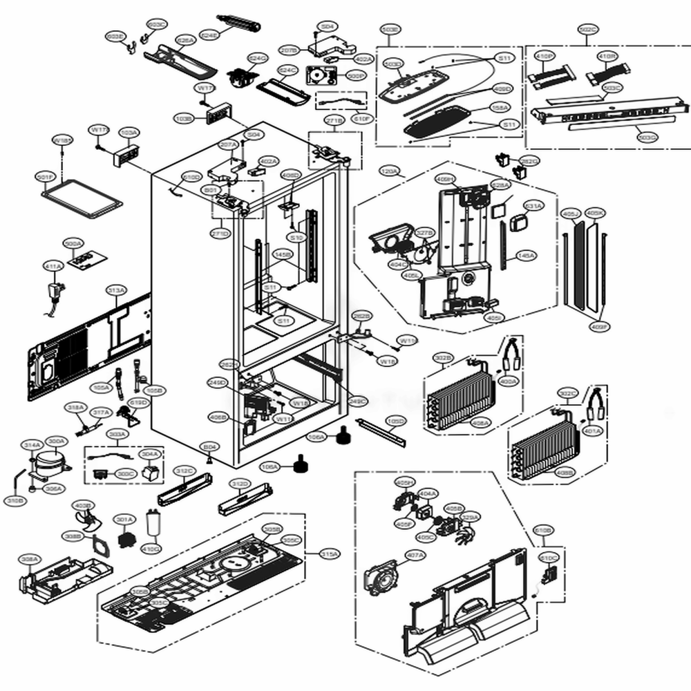 Case Parts Diagram and Parts List for 74039 AWBCSE1 LG Refrigerator