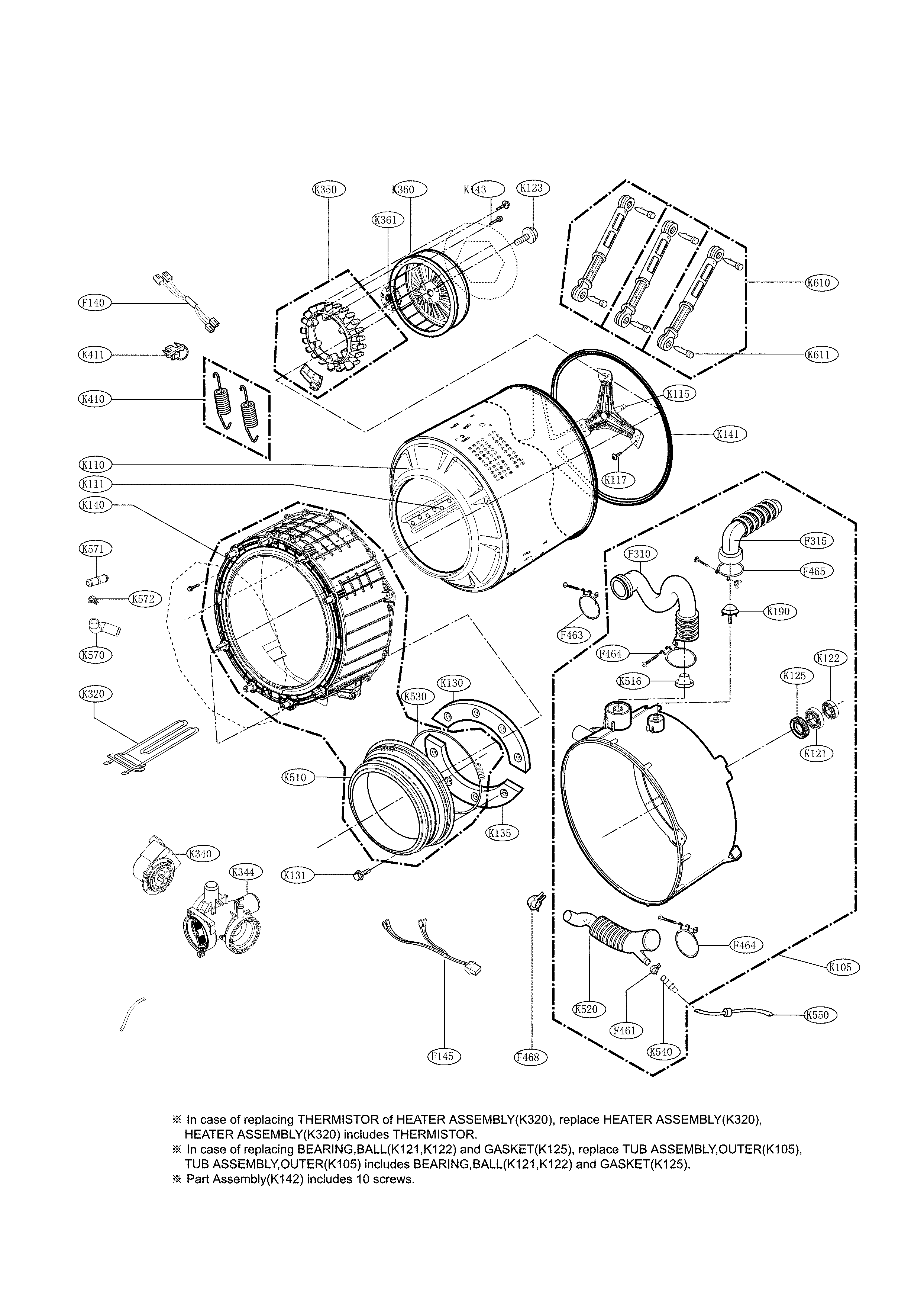 Drum And Tub Parts Diagram and Parts List for 79641383411  Kenmore Washer