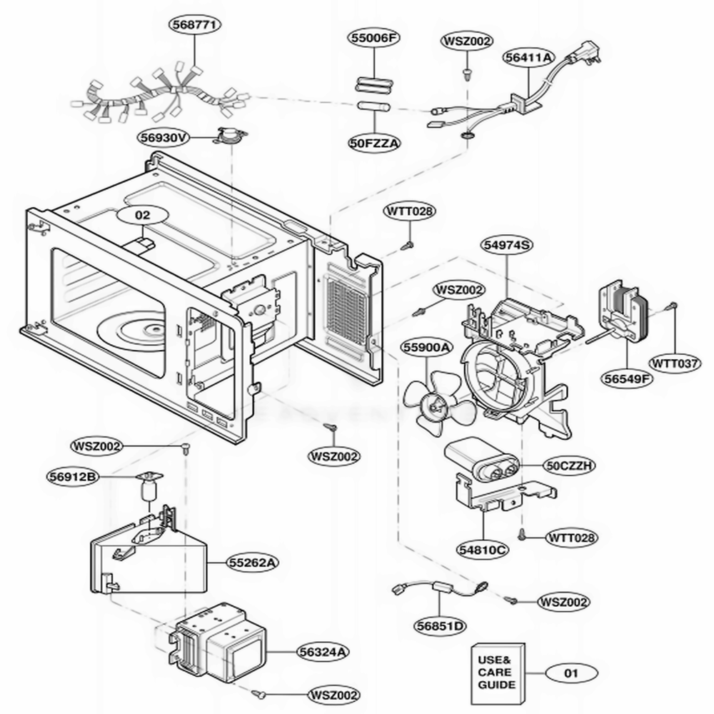 Interior Parts Diagram and Parts List for JE1360WB MWEGEU LG Microwave