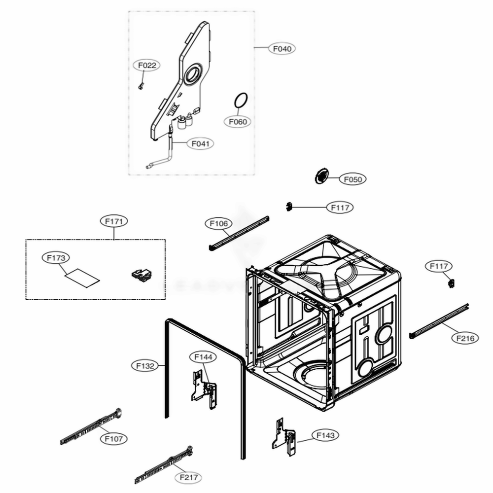 Tub Assembly Diagram and Parts List for LDT7797BM ABMEEUS LG Dishwasher