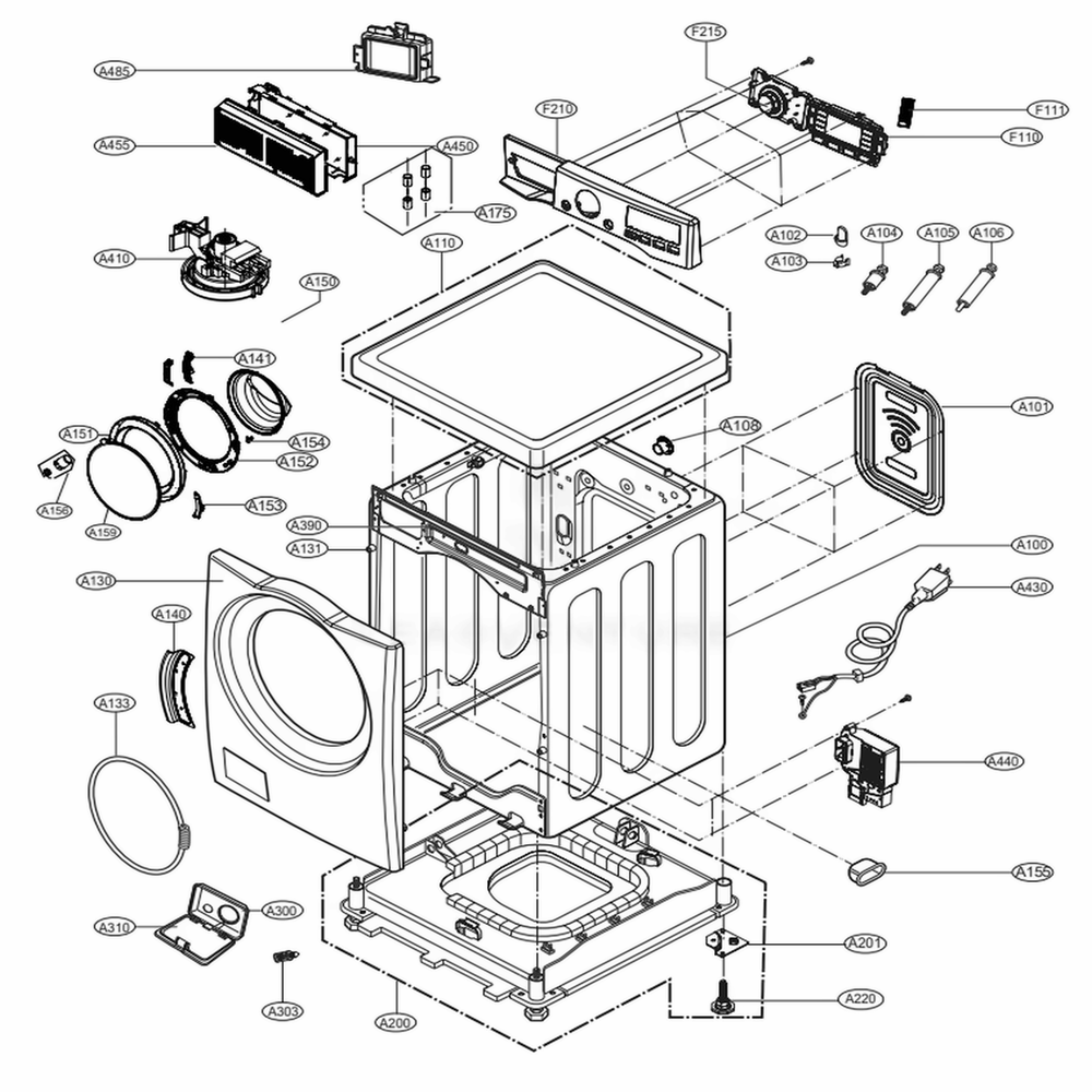 Cabinet And Control Panel Assembly Diagram and Parts List for 41563 ASTEUEU LG Washer