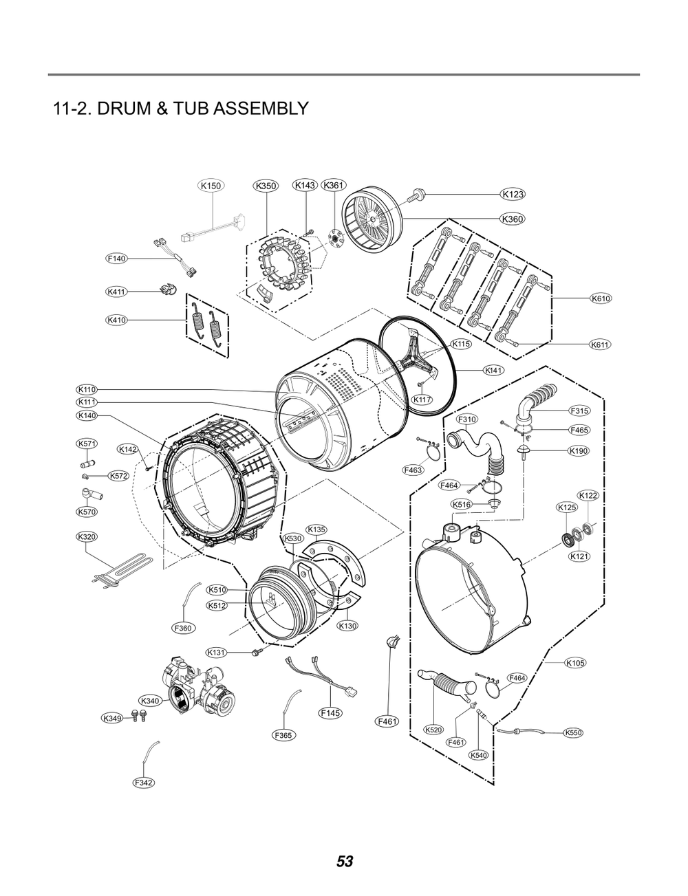 Drum And Tub Assembly Diagram and Parts List for TCWM2013QD3 ASSEELC LG Washer