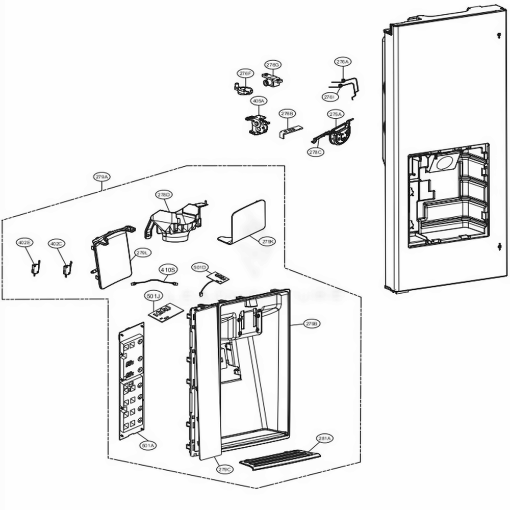 Dispenser Parts Diagram and Parts List for LFXS30766D ASBCNA2 LG Refrigerator