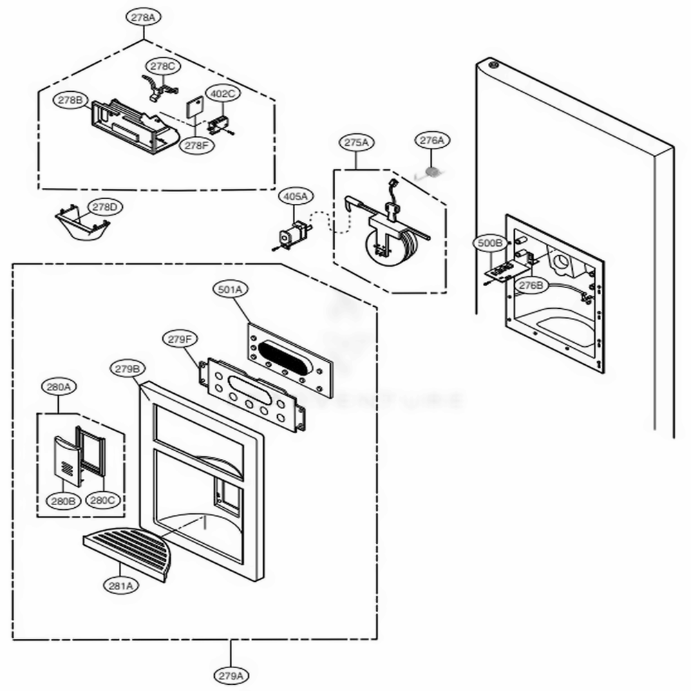 Dispenser Parts Diagram and Parts List for 71023 ASTCSE2 LG Refrigerator