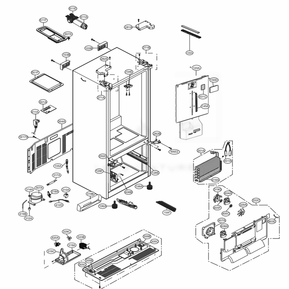 Case Parts Diagram and Parts List for LRFXS2503D ASBCNA0 LG Refrigerator